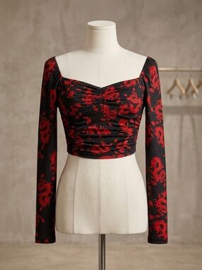 Just Polly Red Dragon Print Black Long-Sleeve Ruched Crop Top